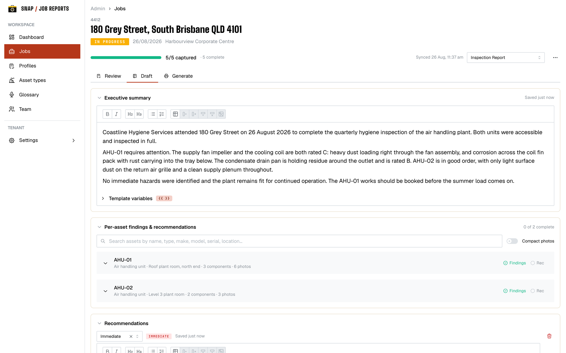 The draft authoring view: a rich-text executive summary with template variables, per-asset findings, and prioritised recommendations.