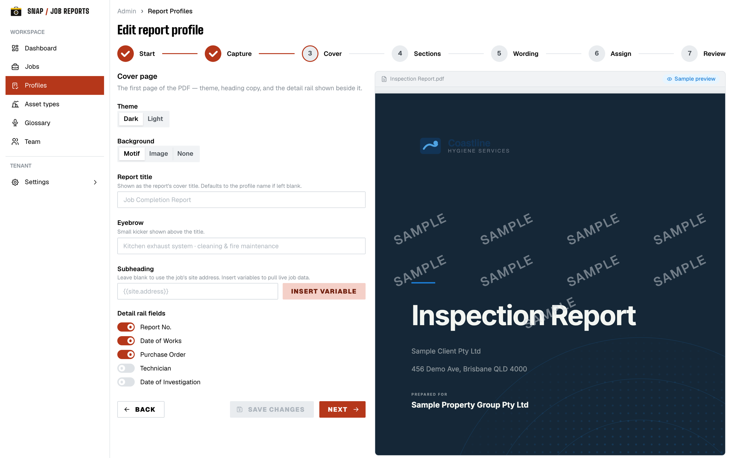 The report profile cover editor: theme and background controls, title and eyebrow copy, and detail-rail toggles, with a live sample of the finished PDF cover updating beside them.