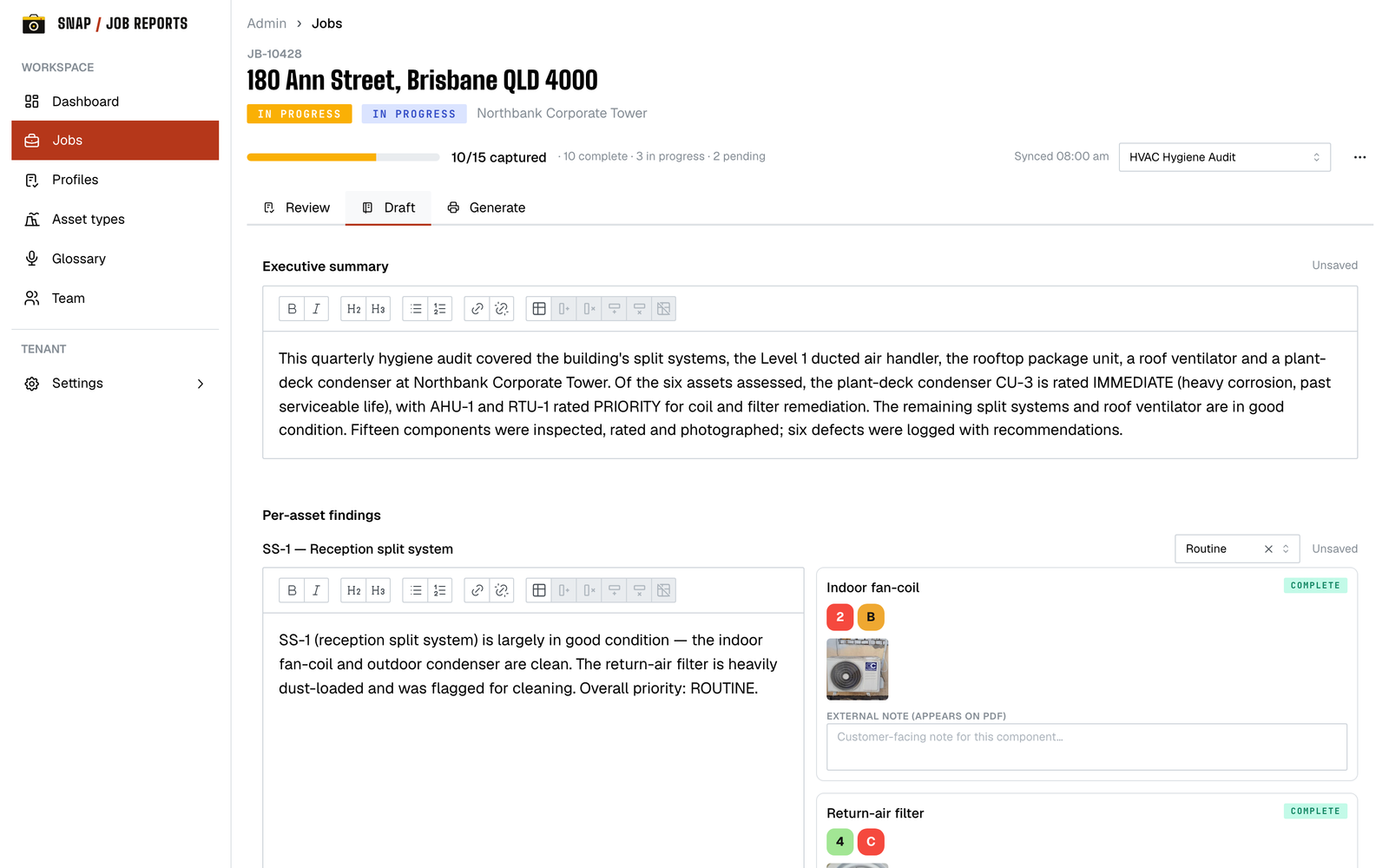 Snap Job Reports office portal, showing the Draft tab where the office writes the executive summary and per-asset findings alongside the tech's photos.