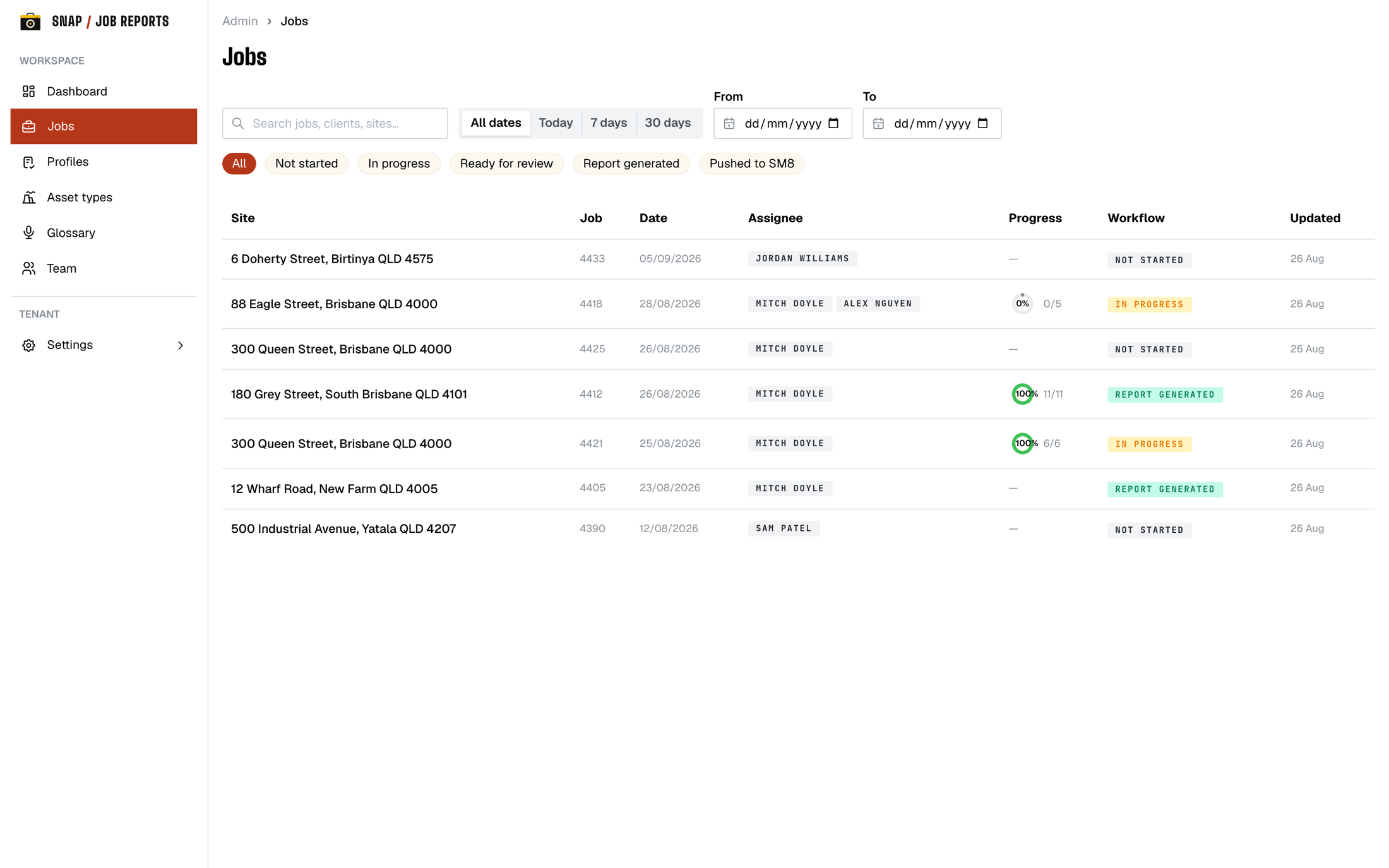 The admin portal job board, listing every active job with its assignee, capture progress and workflow status.