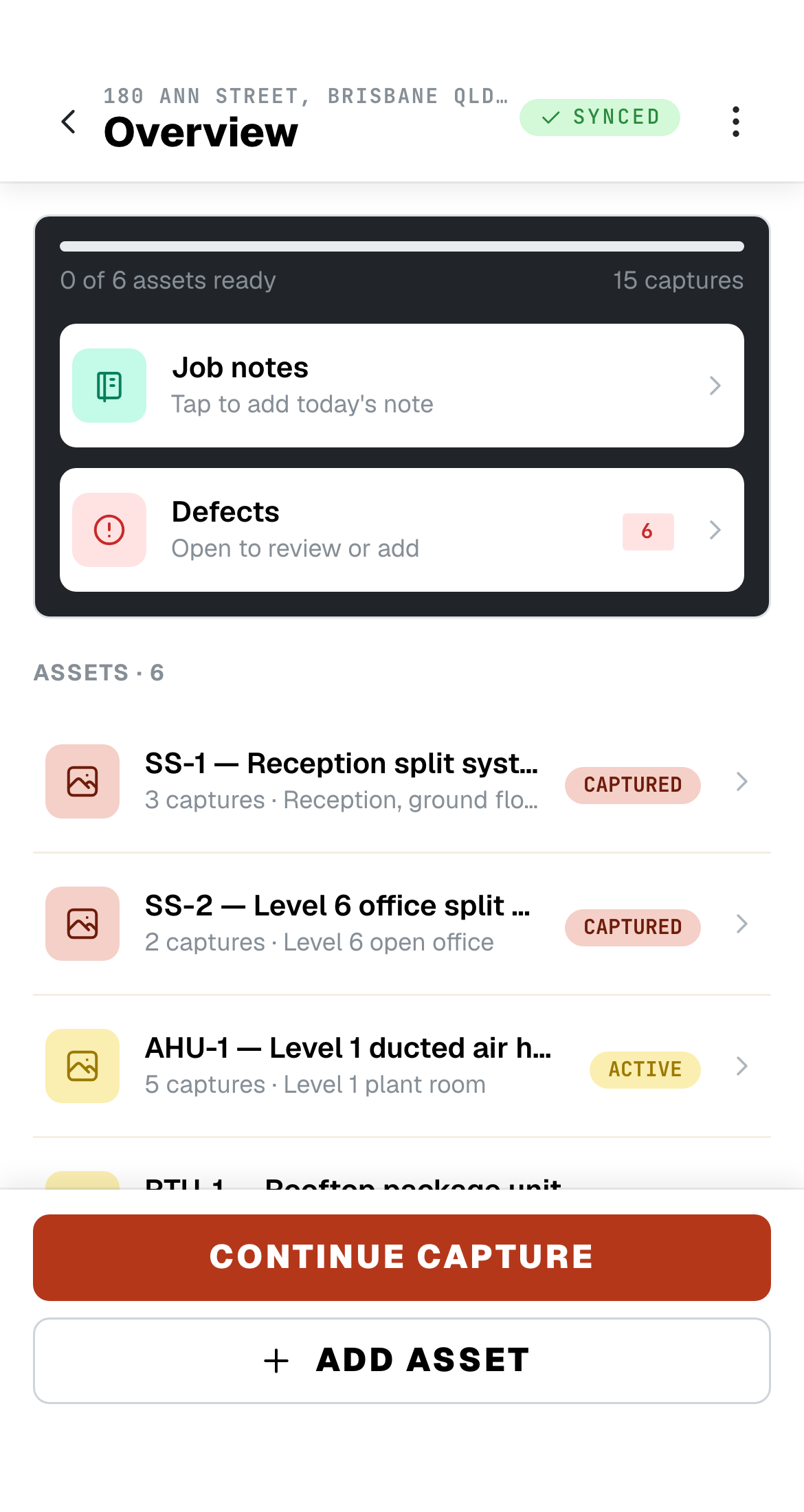 Snap Job Reports field app on a phone, showing a job's overview listing every asset to capture, photo counts, and defects to review.