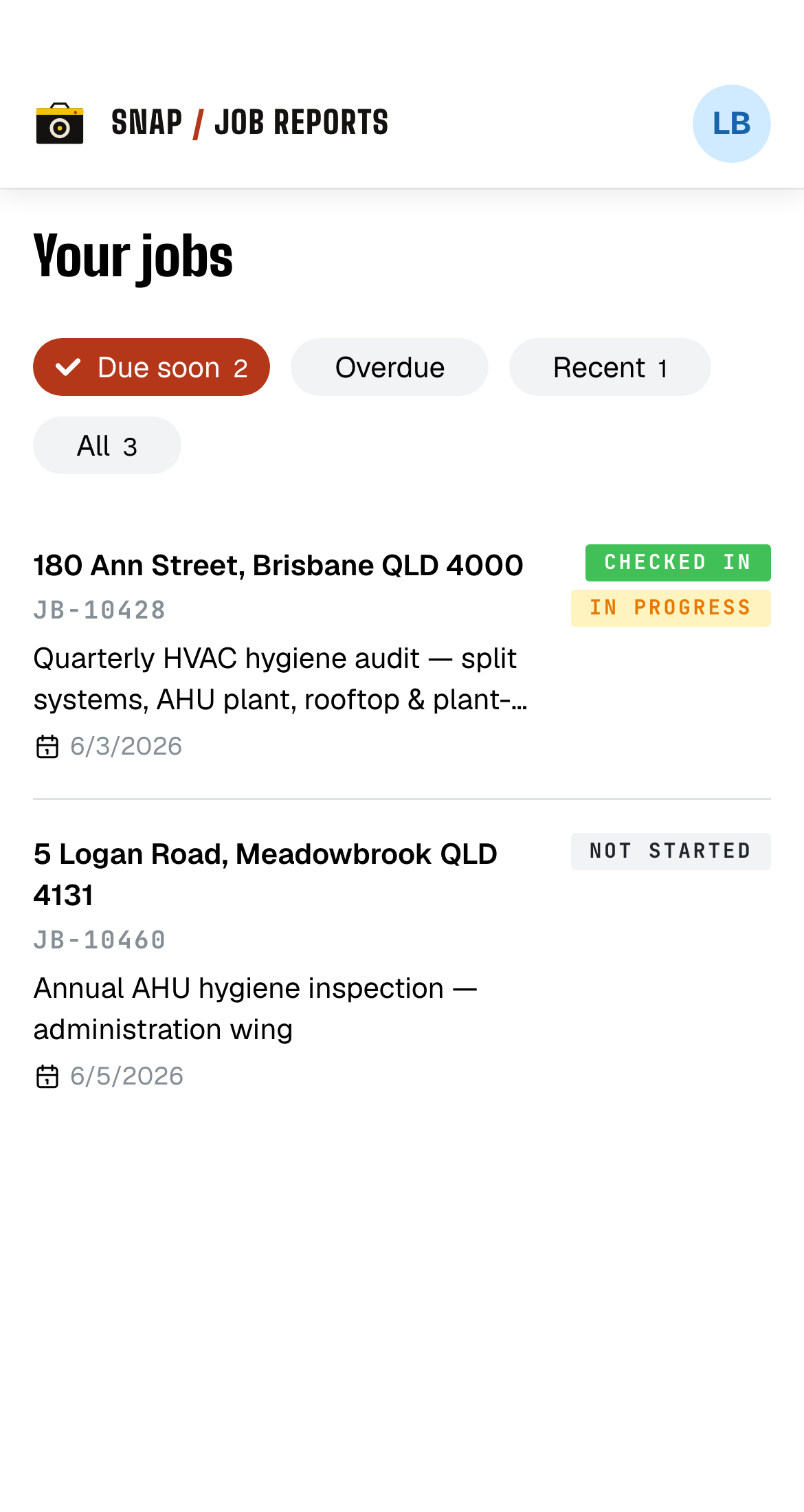 Snap Job Reports field app on a phone, showing the tech's job list filtered by due soon, overdue, and recent, with a checked-in badge.